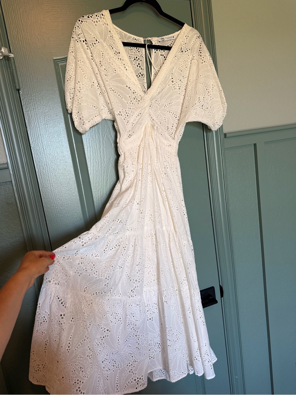Zara White Eyelet Maxi Dress with V-Neck and Puff Sleeves